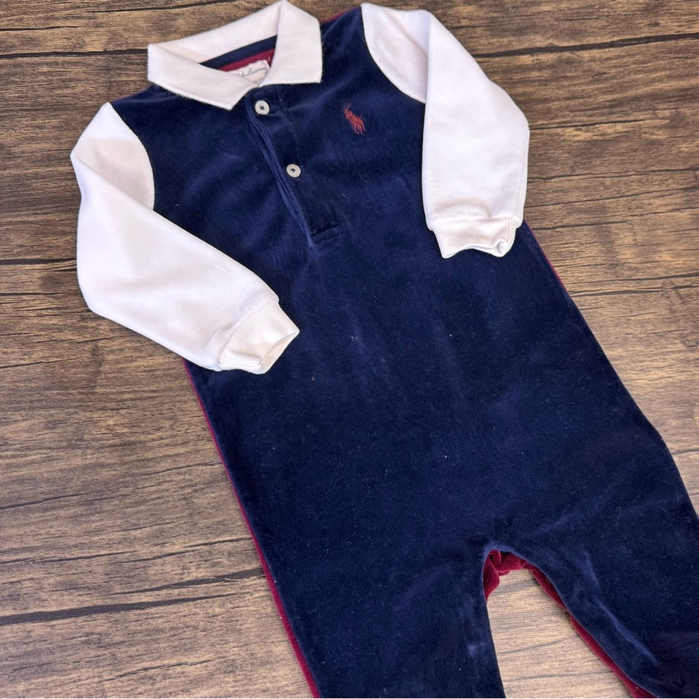 Ralph Lauren Velvet Navy, White and Burgundy Baby Romper- size 9 months
